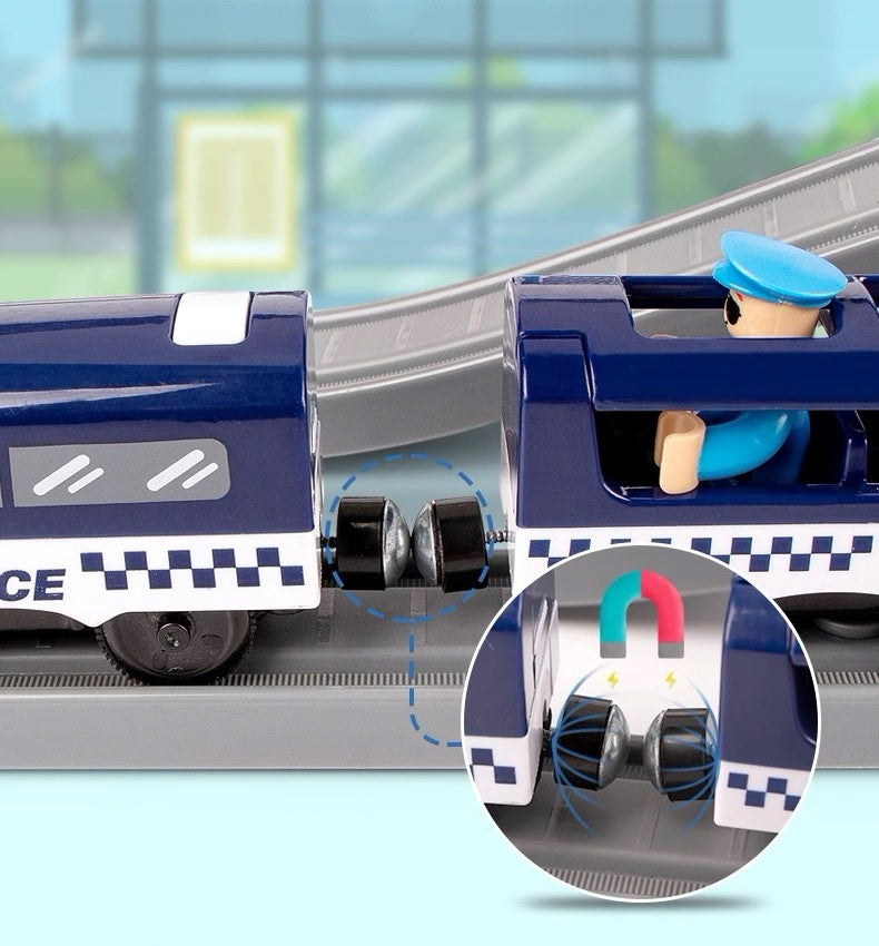 Elektrinis policijos traukinys su automobiliais ir sraigtasparniu
